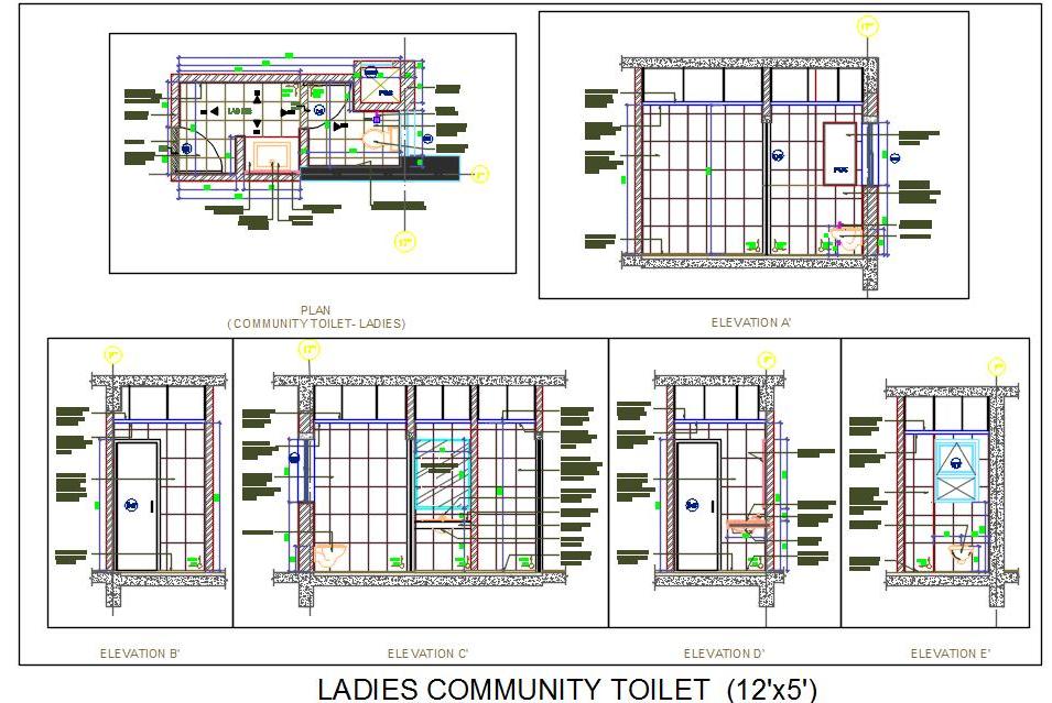 Ladies Restroom CAD Drawing- 12'x5' with WC and Basin Layout